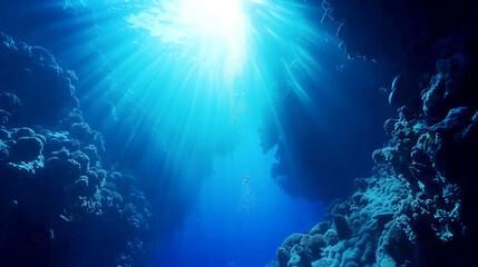 Fototapeta premium Stunning underwater scene with sunbeams filtering through the ocean, illuminating the corals and bubbles.