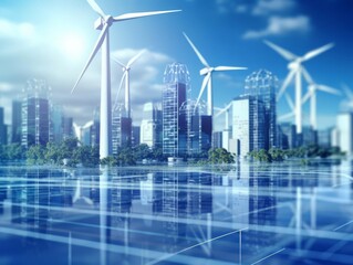 Closeup of wind turbines with a hightech factory in the background, symbolizing the integration of renewable energy sources in industrial settings