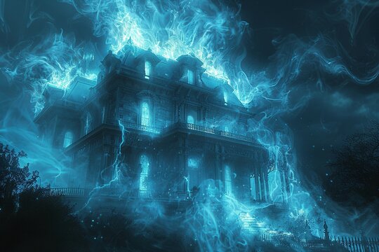 A haunted mansion bathed in charcoal gray hues, shimmering with quantum fluctuations, rendered in a holographic chiaroscuro style with glowing phosphorescent accents.