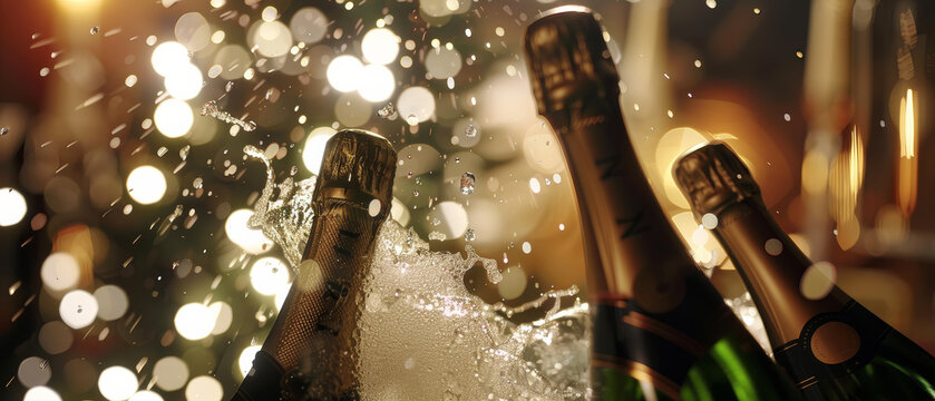 Champagne bottles pop festively, celebrating moments with a lively, sparkling explosion of bubbles.