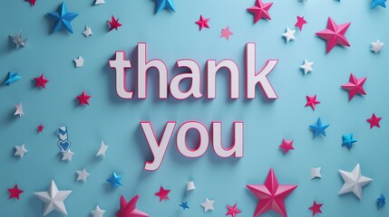 A decorative "thank you" text surrounded by colorful paper stars on a blue background