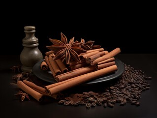 An elegant display of vanilla pods, cinnamon sticks, and raw cacao, set against a dark background for a luxurious baking ingredient advertisement