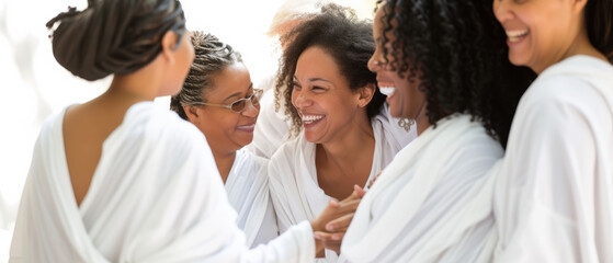 Obraz premium A heartwarming moment of vibrant laughter among women in white robes.