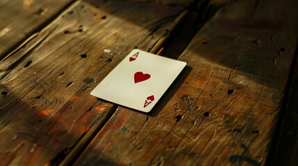 An ace of hearts playing card is placed on a textured wooden surface