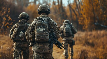Obraz premium Three soldiers are walking through a forest, wearing camouflage uniforms