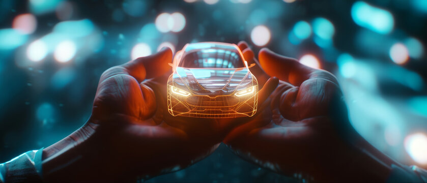 Hands cradle a holographic projection of a futuristic car in a neon dreamscape.