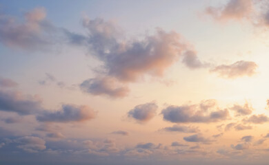Colorful sunrise dramatic sky with fluffy cloud. Natural morning sunlight cloudscape scene. Beginning the bright new day.