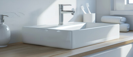 Fototapeta premium Minimalist modern bathroom with a stylish square sink and pristine white towels.