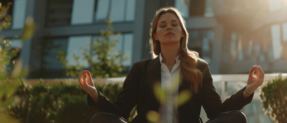 Businesswoman in tranquility, meditating amidst urban greenery at sunrise. - obrazy, fototapety, plakaty