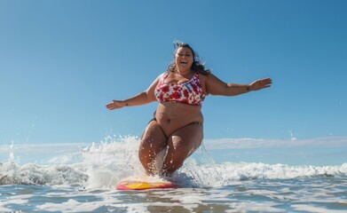  A plus-size woman rides a surfboard on a stunning beach during a sunny day.Generated image