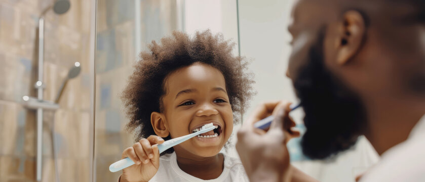 Joyful child learns to brush teeth with guidance from a loving father.