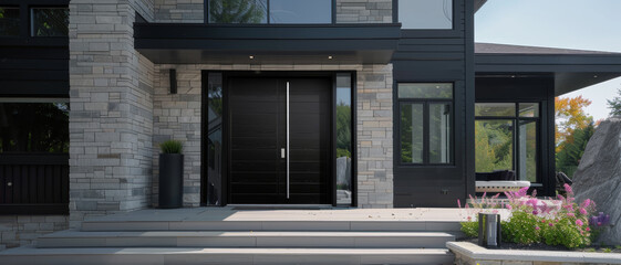 Modern black home entrance with minimalist style and vibrant floral accents.