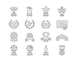 Awards and Trophies Icon collection containing 16 editable stroke icons. Perfect for logos, stats and infographics. Edit the thickness of the line in Adobe Illustrator (or any vector capable app).
