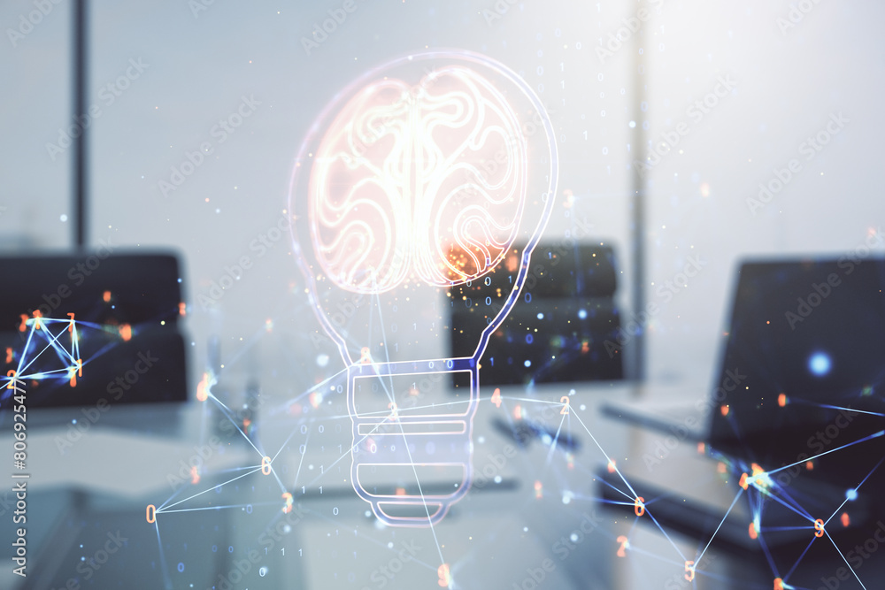 Poster double exposure of creative light bulb hologram with human brain and modern desktop with laptop on b