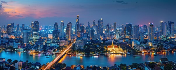 Obraz premium A panoramic view of Bangkok's skyline at night