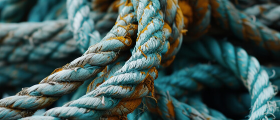 Close-up of weathered blue and yellow ropes entangled, symbolizing strength and unity.