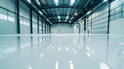Obraz premium Spacious industrial warehouse interior with a reflective epoxy floor and high ceiling.