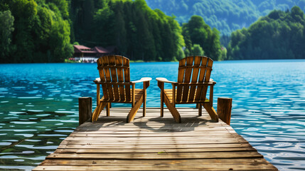 Two wooden chairs on a dock overlooking a serene blue lake surrounded by lush green hills. - Powered by Adobe