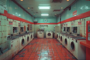 A spacious laundromat with multiple washing machines and sinks