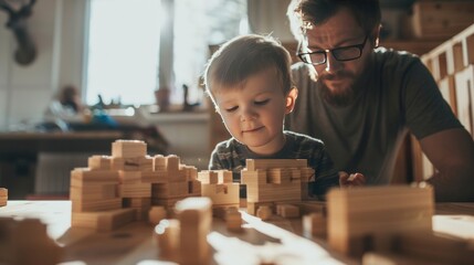 Photo of Little Boy Playing Wooden Blocks with Father, Happy Fathers Day