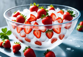 ripe strawberries in a large glass bowl filled with ice water