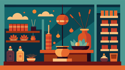 The aroma of incense fills the air adding to the shops retro aesthetic and creating a nostalgic shopping experience.. Vector illustration