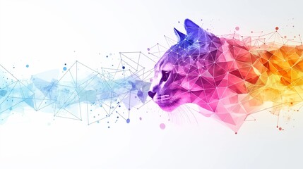An artistic and colorful polygonal backdrop featuring interconnecting dots and lines, infused with a cat theme, intended for technology or science-related design elements, displayed on a white backgro