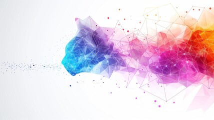 An artistic and colorful polygonal backdrop featuring interconnecting dots and lines, infused with a cat theme, intended for technology or science-related design elements, displayed on a white backgro