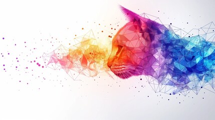 An artistic and colorful polygonal backdrop featuring interconnecting dots and lines, infused with a cat theme, intended for technology or science-related design elements, displayed on a white backgro