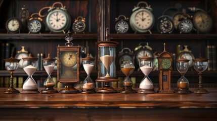 Fototapeta na wymiar Time Concept Visualization with Antique Hourglasses and Digital Clocks