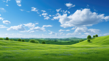 Natural background scene of green hills, blue sky, fluffy clouds, copy space