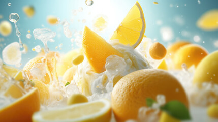 Citrus ice cream with flying fruit slices ingredients, dessert food background