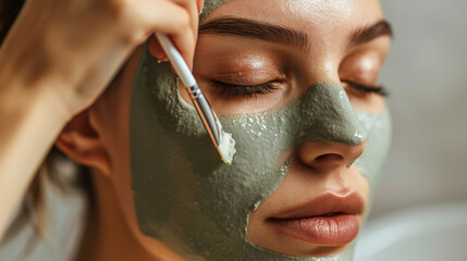 A woman with a green face mask on her face. She is wearing a white scarf and has her hands on her face