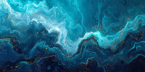 Iridescent waves of turquoise acrylic on a glassy surface