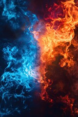 Facing Flames: Vivid blue and red flames clash in a fiery battle, each consuming half the frame.