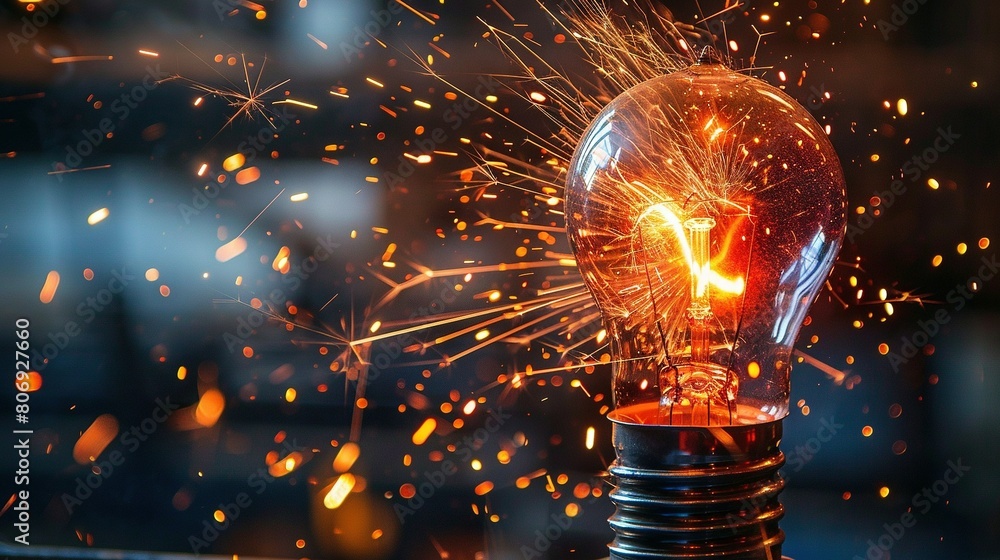 Poster a focused image of a light bulb with numerous sparks emanating from its uppermost region