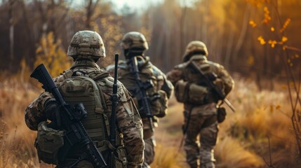 Obraz premium Three soldiers are walking through a forest, each carrying a rifle