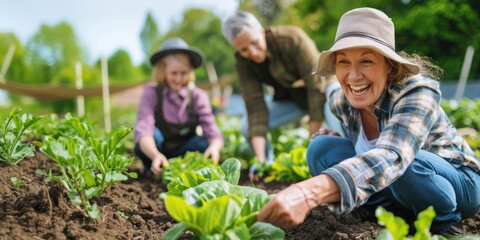 Happy people of all ages working in the vegetable garden. Parents and children tend the garden together. Organic gardening