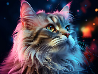 cat with colorful lights in the background. Digital painting.