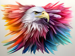 Eagle head with multicolored feathers. 3D illustration.