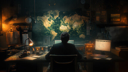 a dark spymaster sitting at a desk at a spy HQ, looking into the camera, face invisible, world map on wall