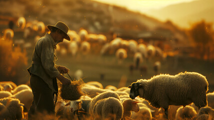 An elderly shepherd feeds his flock of sheep in a glowing, sunset-lit field, surrounded by golden dust particles.