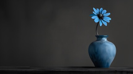 An intimate still life of a simple blue vase against a high contrast black and white backdrop, the curve of its ceramic form and single blue flower - Powered by Adobe