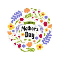 Design for greeting card, poster, banner for Mother's Day. Composition of spring flowers arranged in a circle silhouette. Bright spring flowers and plants drawn by hand on a white background