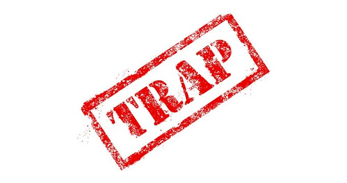 Postal stamp with word Trap, threadbare snare seal, transparent background footage