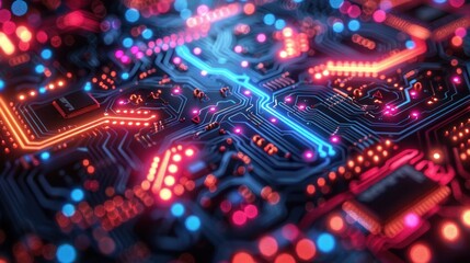 Obraz premium A digital artwork showcasing an intricate circuit board with glowing blue and purple elements