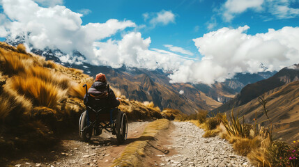 An individual in a wheelchair enjoys a serene view of majestic mountains and cloudy skies from a highland trail.