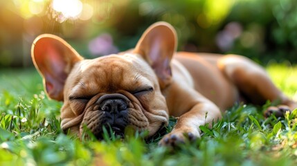 A small brown French bulldog rests peacefully among the green grass outdoors. Funny animals