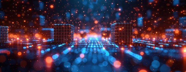 Fototapeta premium Abstract background with glowing cubes in blue and orange colors. Digital technology concept