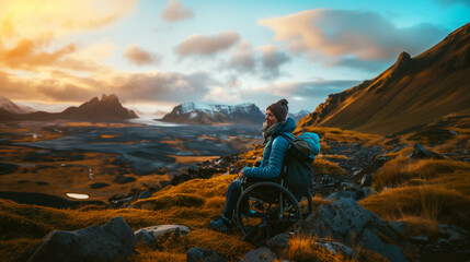 Fototapeta premium Person in a wheelchair enjoying a breathtaking sunset in a mountainous landscape with vivid skies.